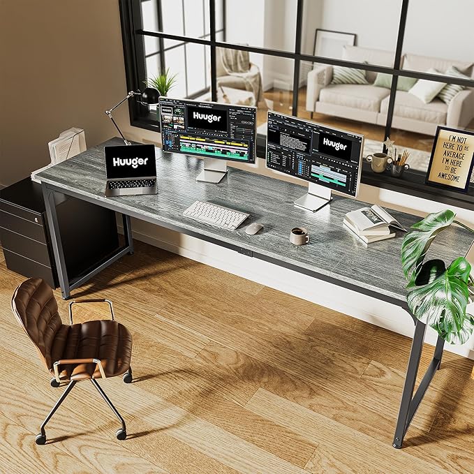 Huuger Computer Desk, 80 Inch Office Desk, Gaming Desk with Storage, Writing Desk Work Desk for Home Office, Study, Long Simple Desk, Large Legroom, Metal Frame, Grey