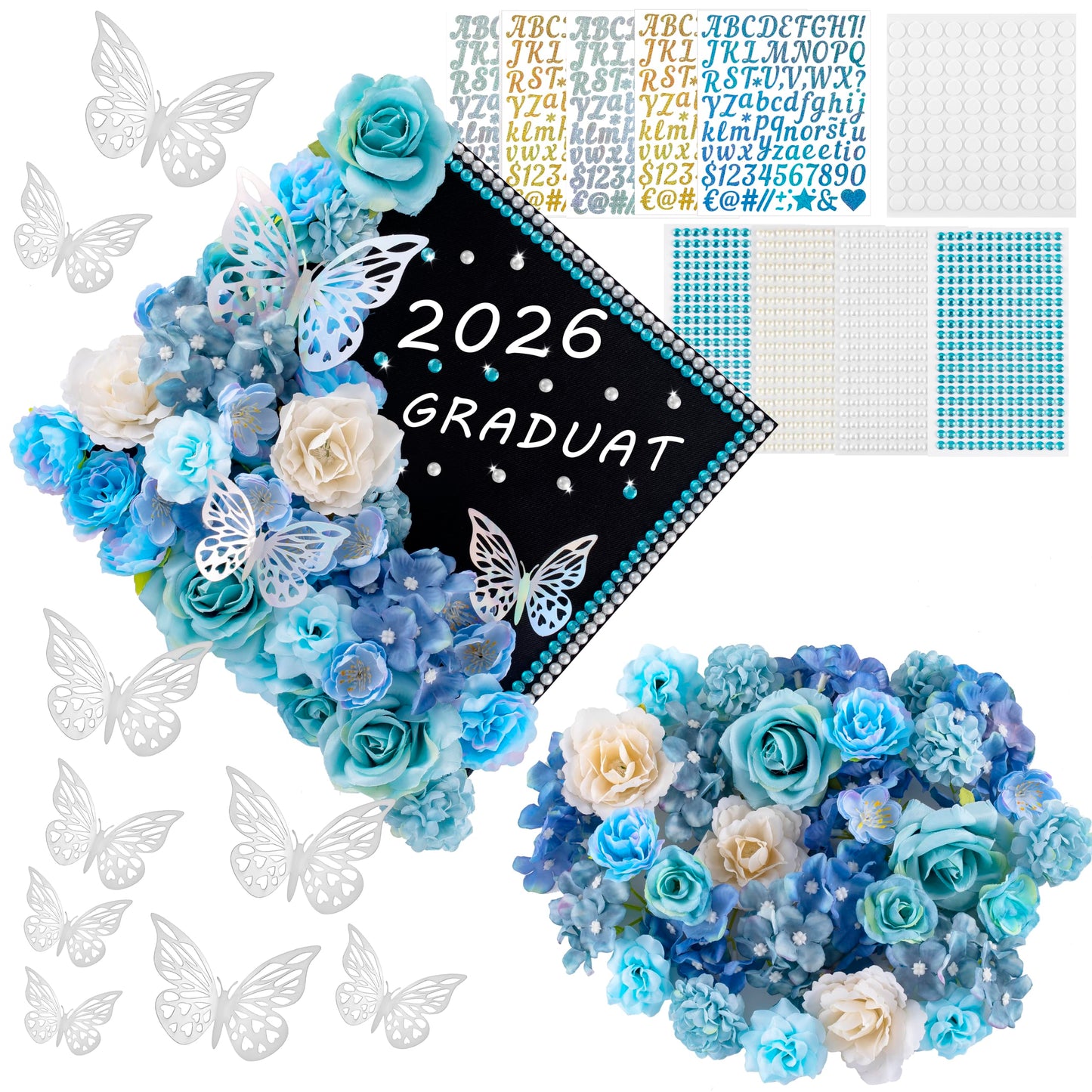 60 PCS Graduation Cap Decorations 2026Graduation Cap Decorations Kit 3DButterfly Stickers Graduation Cap Flowers DIY Graduation Cap Decorations Kit Graduation Party (Blue)