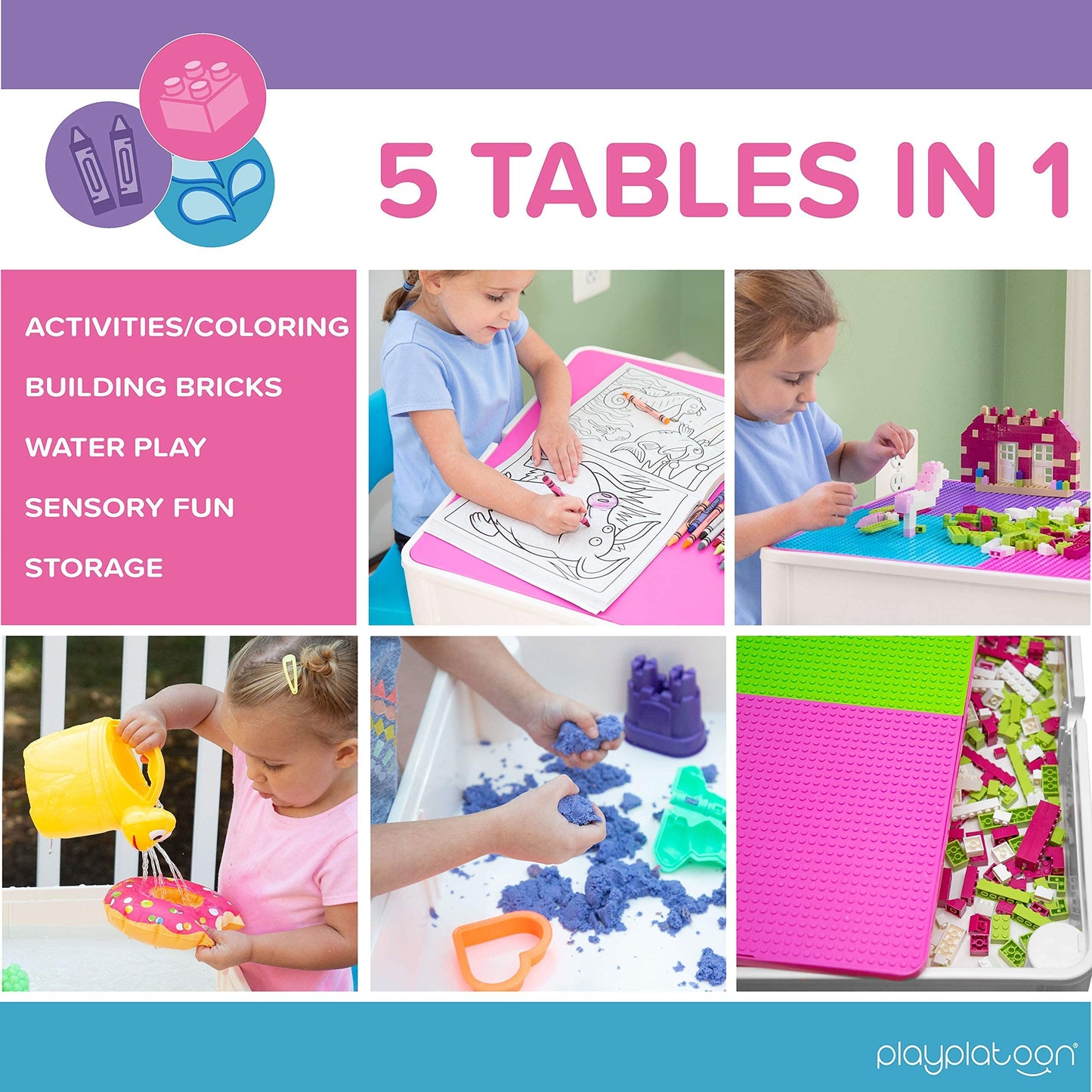 Play Platoon Kids Table and Chairs Set, Toddler 5 in 1 Pastel Activity Table - Sensory, Water, Art, Picnic, Blocks with Storage for Girls Ages 2 to 8 - with Pink and Blue Chairs