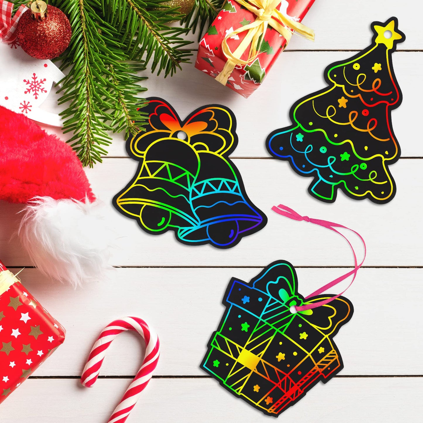 Mocoosy 48 Pcs Christmas Scratch Art Ornaments, Christmas Crafts Kit Bulk for Kids Stocking Stuffers, Rainbow Magic Scratch Paper Cards Xmas DIY Hanging Ornaments for Winter Holiday Decorations