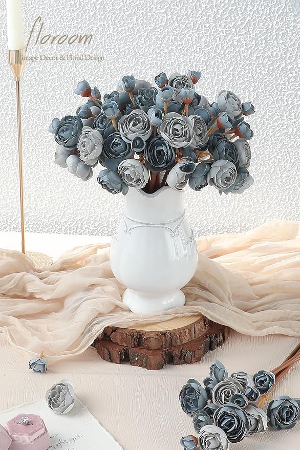 Floroom Ranunculus Artificial Flowers 18 Pcs Dusty Blue Faux Silk Mini Ranunculus Bulk Fake Wedding Filler Flowers for DIY Bouquets, Centerpieces, Bridal Shower Decorations & Arrangements