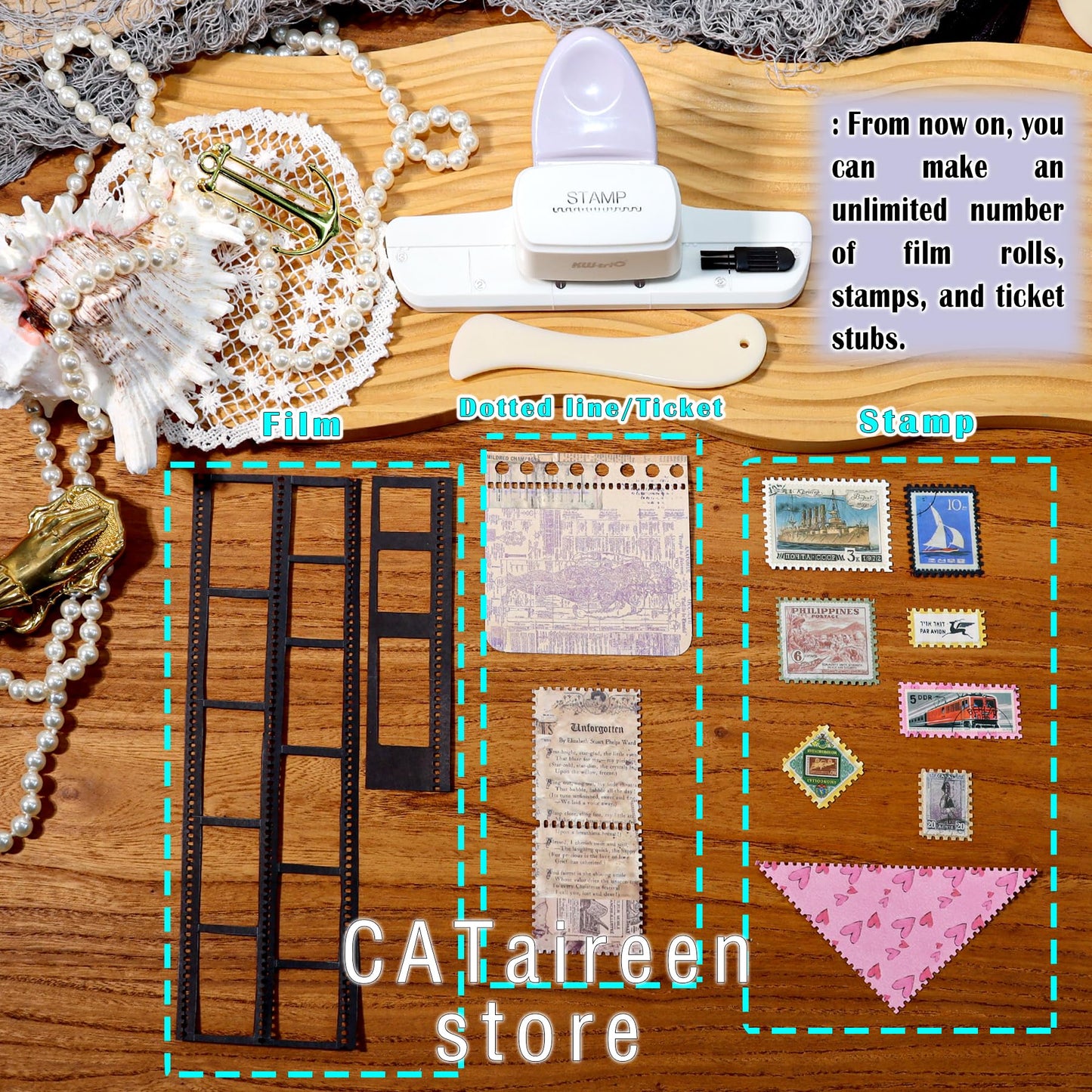 Postage Stamp Border Puncher with Scrapbooking Paper Folder Tool Card Making Supplies Kits Film Strips Cutter Hole Punch Crafting Journaling Scrapbook Materials Junk Journal DIY Kit