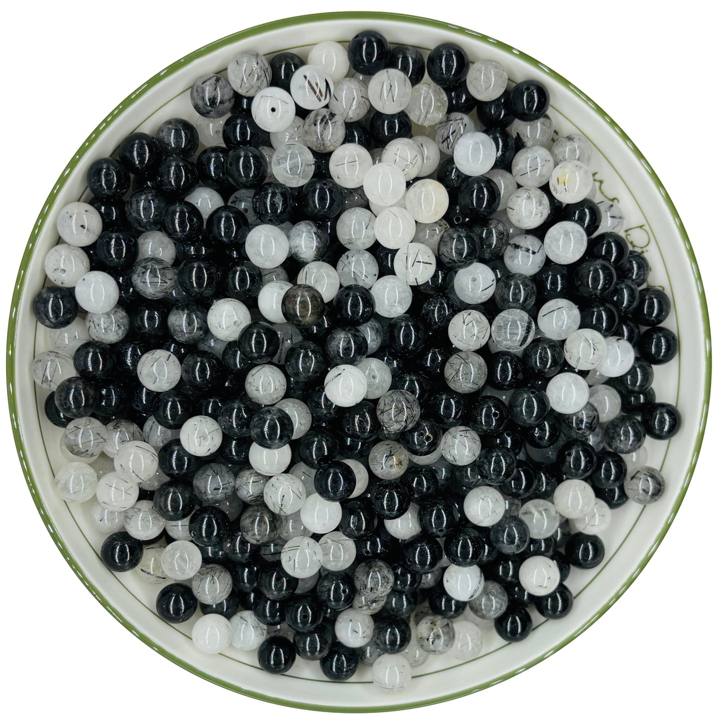 WHNKFB 8mm 50PCS Natural Black & White Mixed Rutilated Quartz Round Beads, Loose Crystal Beads for Jewelry Making Craft - 4mm 6mm 8mm 10mm Options with Free Elastic Cord
