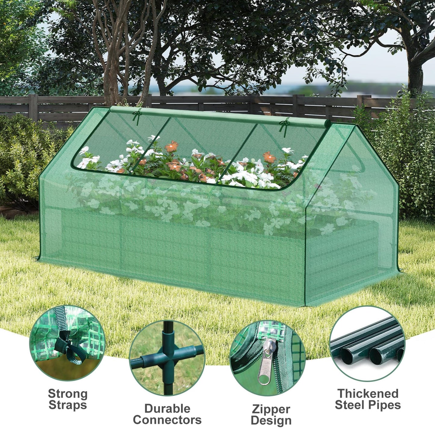 Aoodor 6 x 3 x 3 ft Raised Garden Bed with Mini Greenhouse Kit, Metal Planter Box with 2 Roll-Up Zipper Doors for Vegetables, Herbs, and Flowers