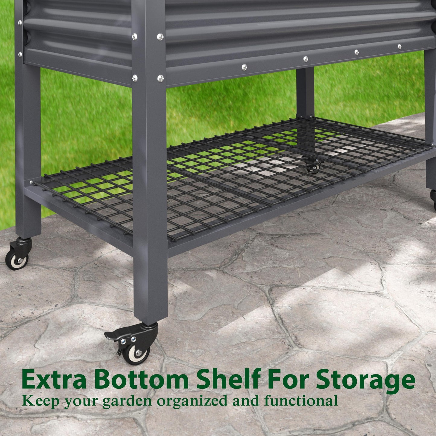 BlueWish 48" W x 24" D x 34" H Outdoor Galvanized Garden Bed, Elevate Raised Bed with Detachable Black Liner, Rolling Casters, Storage Shelf, Planter Boxes for Gardening, Vegetable, Flower, Grey