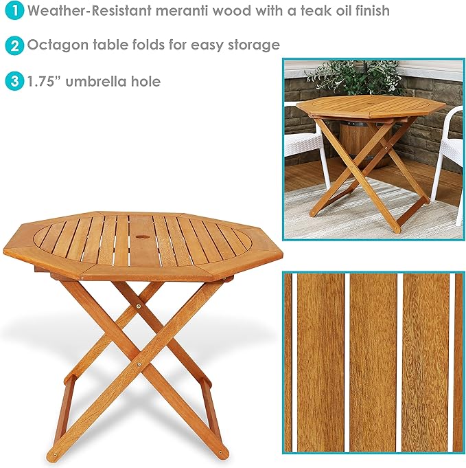 Sunnydaze Folding Meranti Wood Outdoor Dining Table with Umbrella Hole - Foldable Teak Patio Table - Teak Oil Finish - Octagon