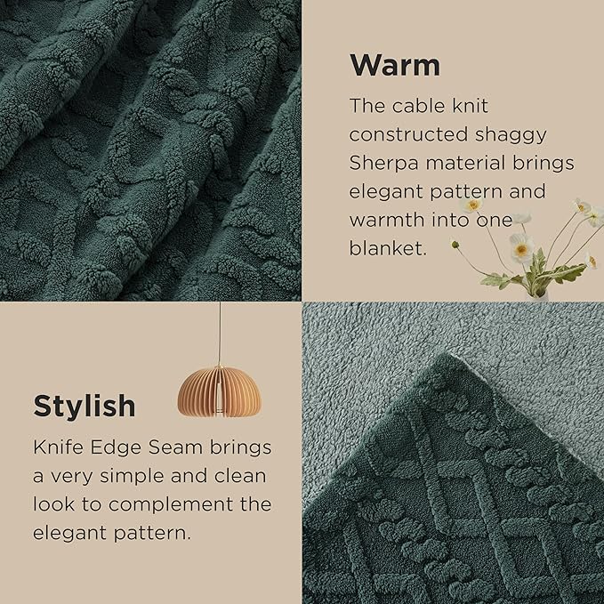 Bedsure Sherpa King Size Blanket for Bed- GentleSoft Fleece Fluffy & Cozy Cable Jacquard Tufted for Women Gift, Thick and Warm Blankets for Winter, Dark Green, 108x90 Inches