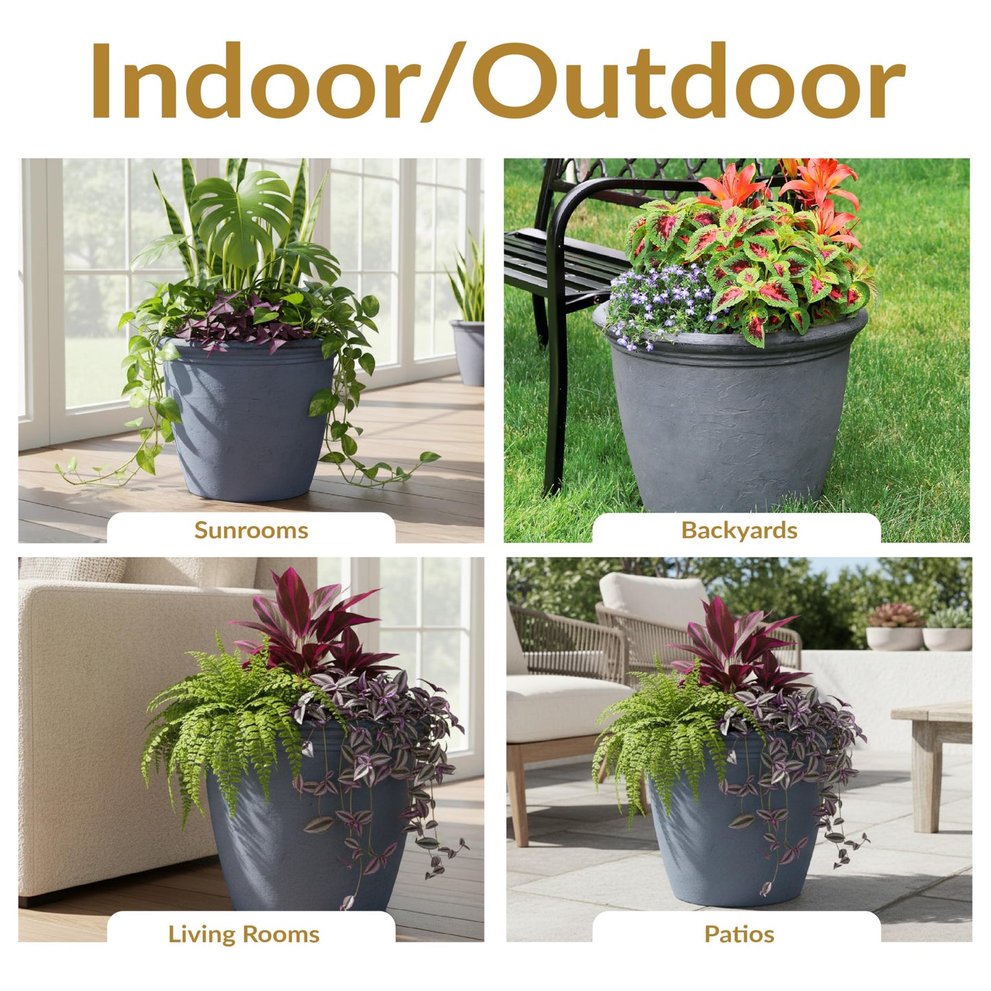 Sunnydaze 20-Inch Anjelica Large Plastic Pot for Plants - Outdoor Double-Walled Large Plastic Planter with Drillable Drainage Holes - Slate - 2pk