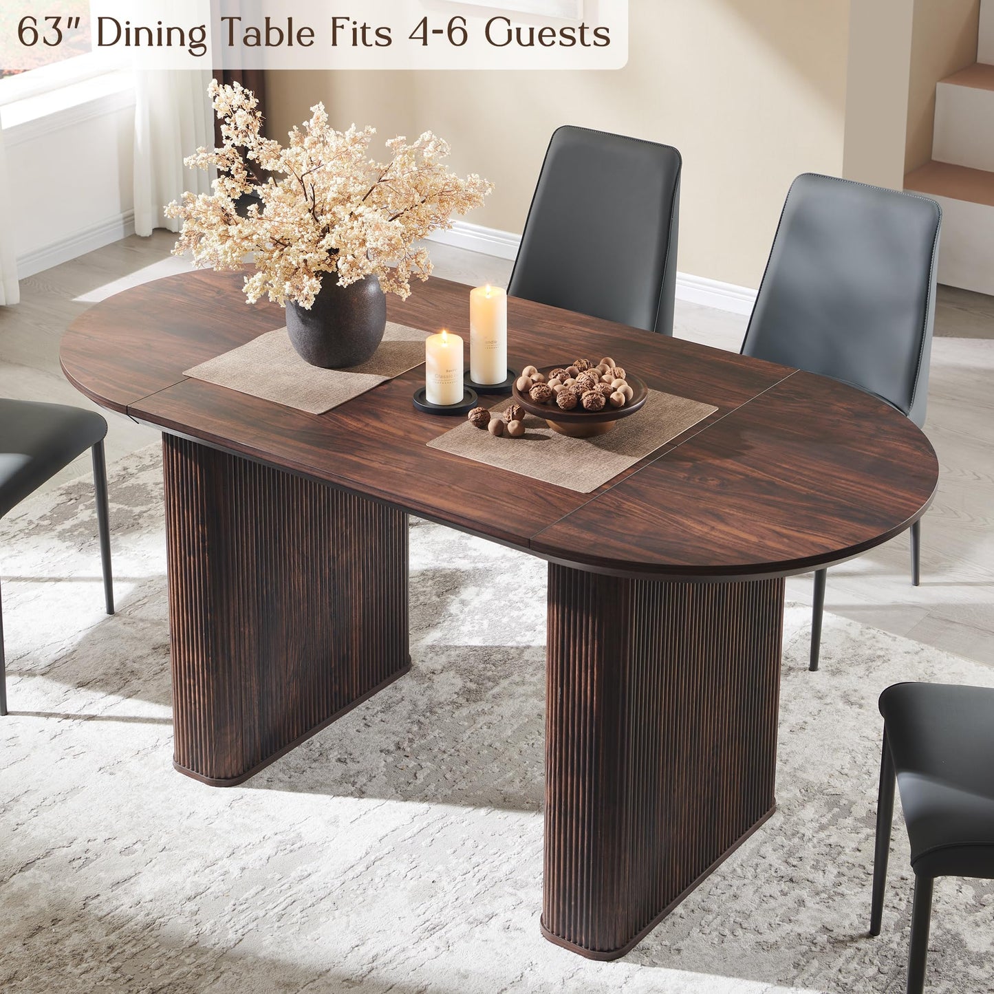 T4TREAM 63" Fluted Oval Dining Table for 4-6, Mid-Century Modern Kitchen Table with Thickened Edge & Strip Pedestal Base, Wood Luxury Table for Dining Room/Kitchen/Home Office, Walnut (Table Only)