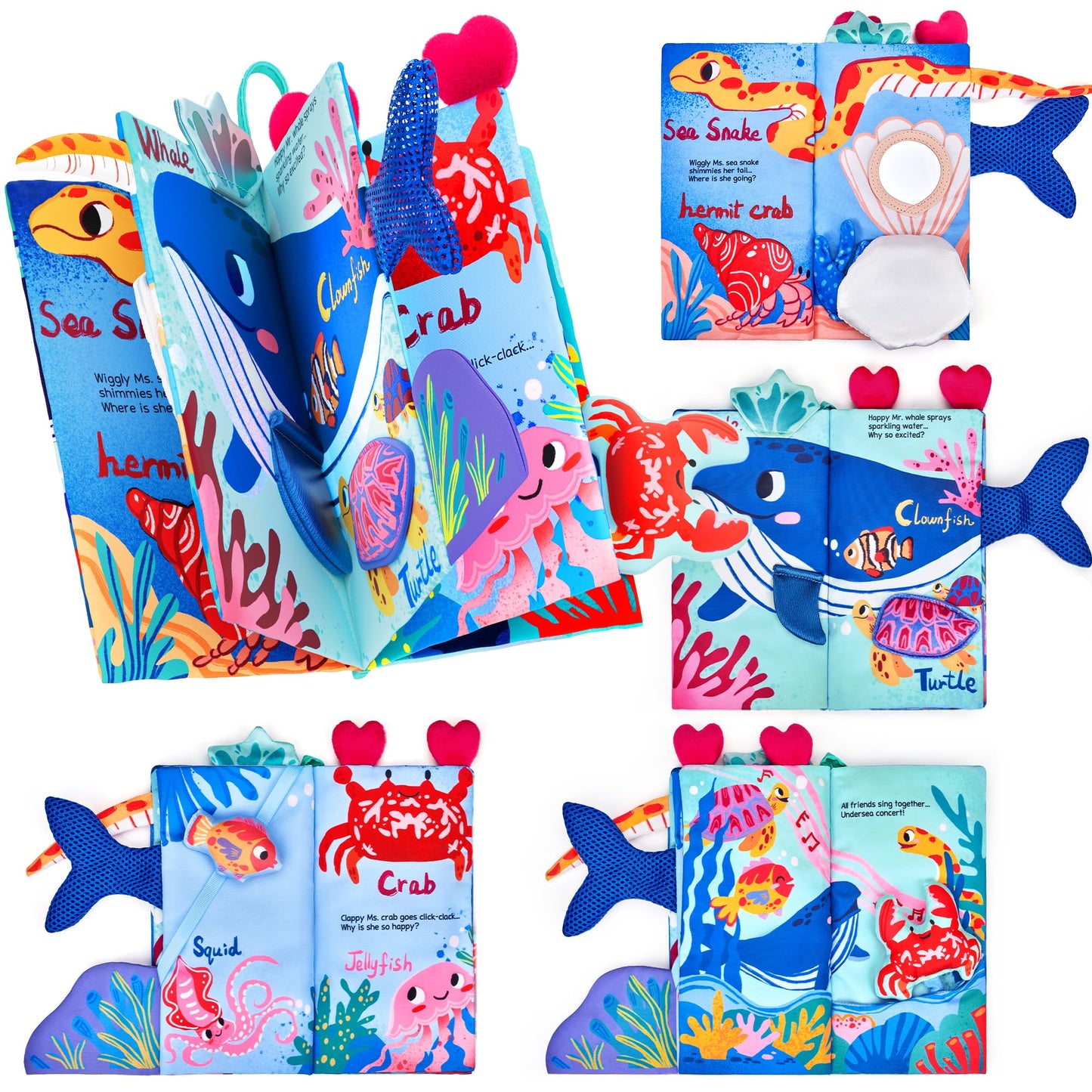 JoyCat Baby Books 0-6-12 Months - Ocean Tummy Time Toys Mirror - Montessori Sensory Activity Cloth Book with 3D Crab & Fish - Newborn Easter Basket Stuffers