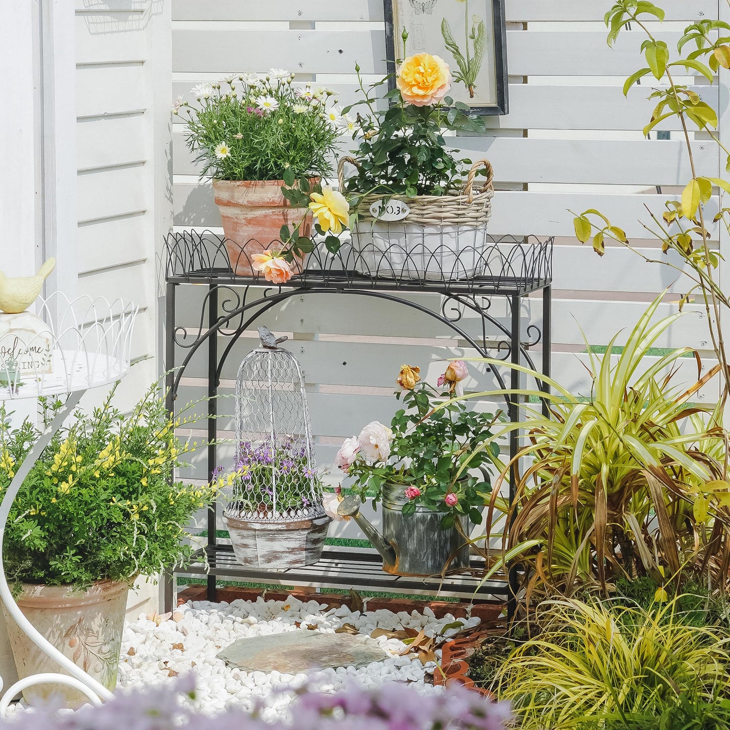 Black Long Double-Layer Plant Shelf, French Courtyard Style Metal Stand for Tall Potted Plants, Sturdy Indoor Outdoor Planter Holder Garden Decor