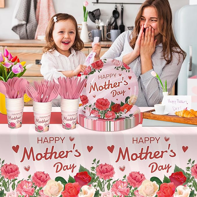 132 Pcs Mother's Day Party Supplies for 26 Guests | Disposable Pink Tableware Set with Plates, Cups, Cutlery & Tablecloth