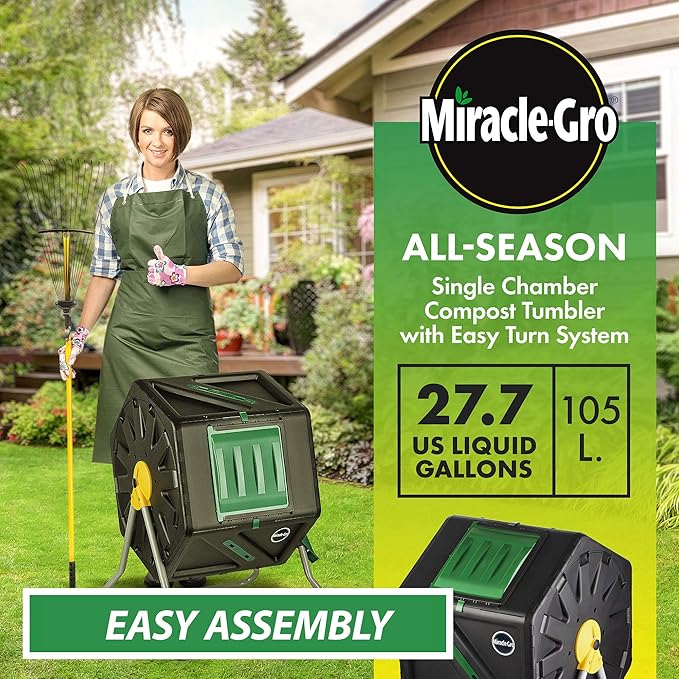Miracle-Gro Compost Tumbler Single Chamber – Easy-Turn Composter Tumbler Outdoor for Fast Composting – Heavy-Duty Composting Bin with 1 Sliding Door (1 x 27.7 Gallon / 105 Liter)