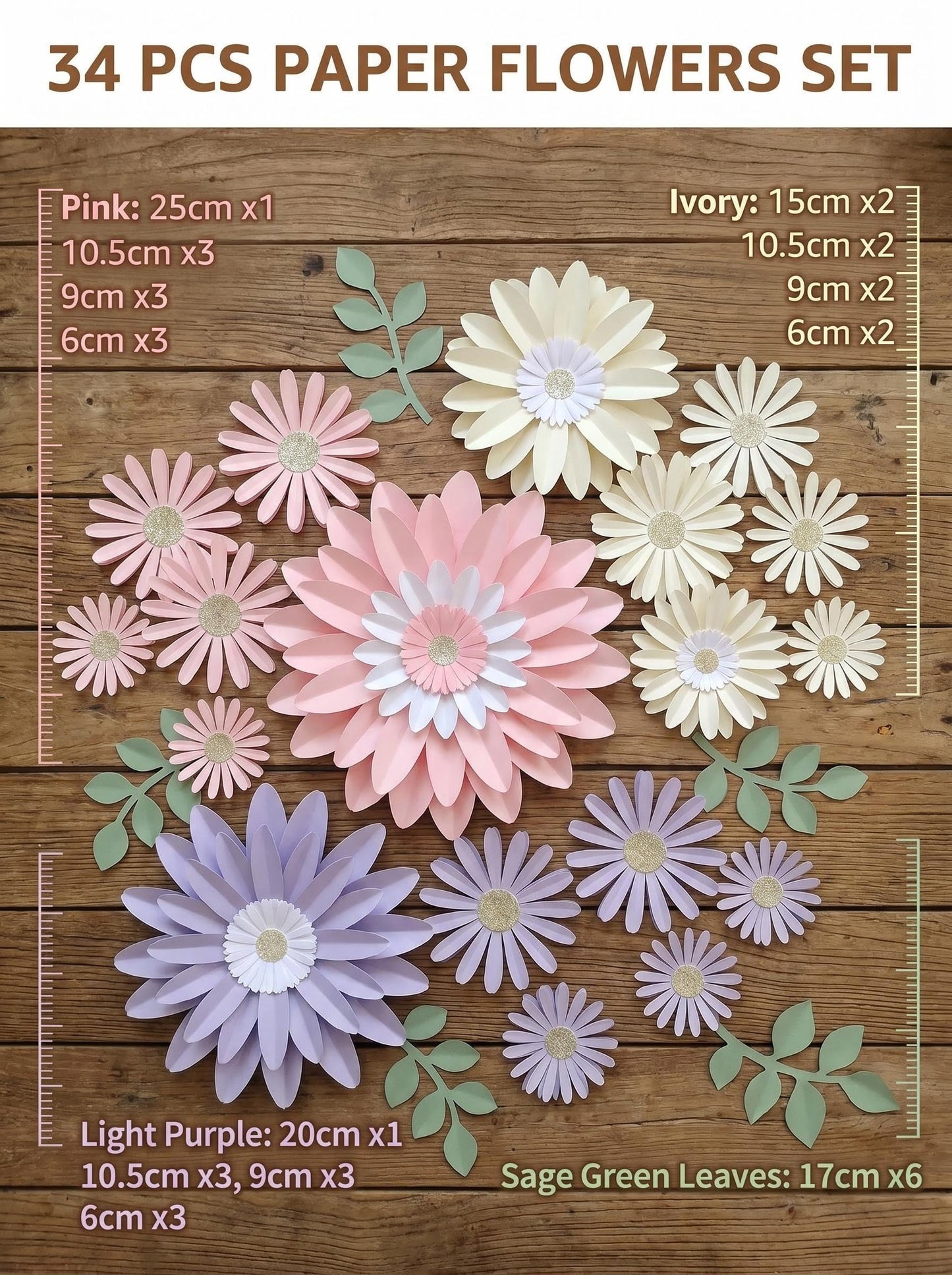34pcs 3D Paper Flowers Wall Decor Set - Neutral Daisy with Green Leaves, Boho Cream White Peach Backdrop for Nursery, Baby Shower, Home Warming & Classroom Decor (Lilac & Blush)