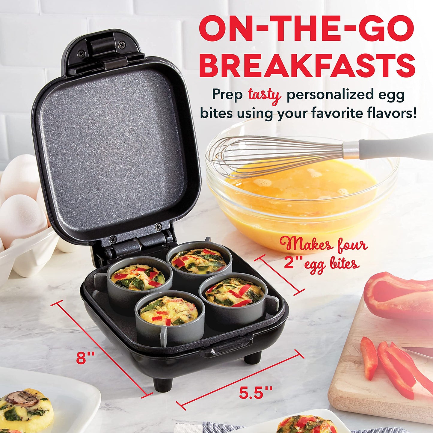 Dash Deluxe Egg Bite Maker - Electric Egg Bite Maker for Healthy Protein Snacks - Quick Cleanup, Space-Saving Design & Non-Slip Feet - 4 Servings, Black