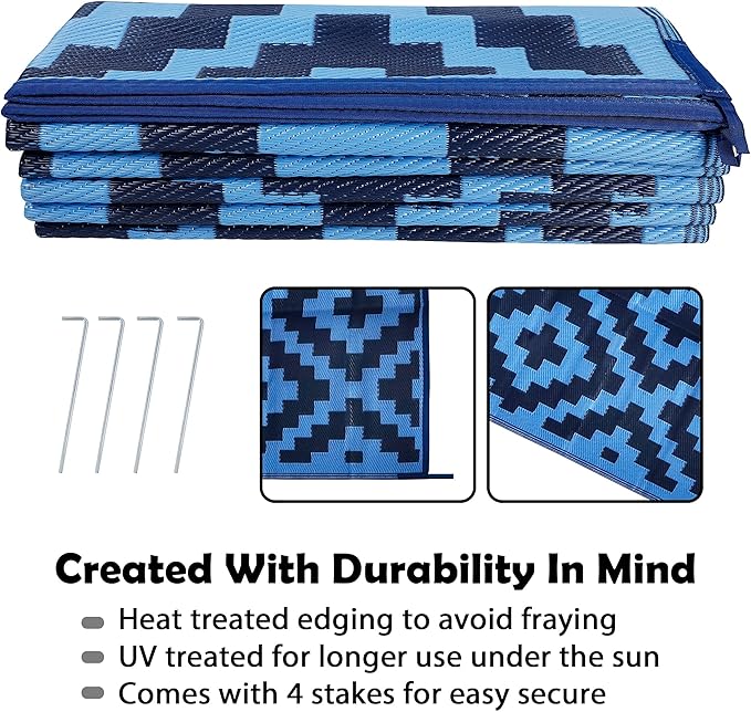 SAND MINE Reversible Mats, Plastic Straw Rug, Modern Area Rug, Large Floor Mat and Rug for Outdoors, RV, Patio, Backyard, Deck, Picnic, Beach, Trailer, Camping, Blue, 9' x 12'