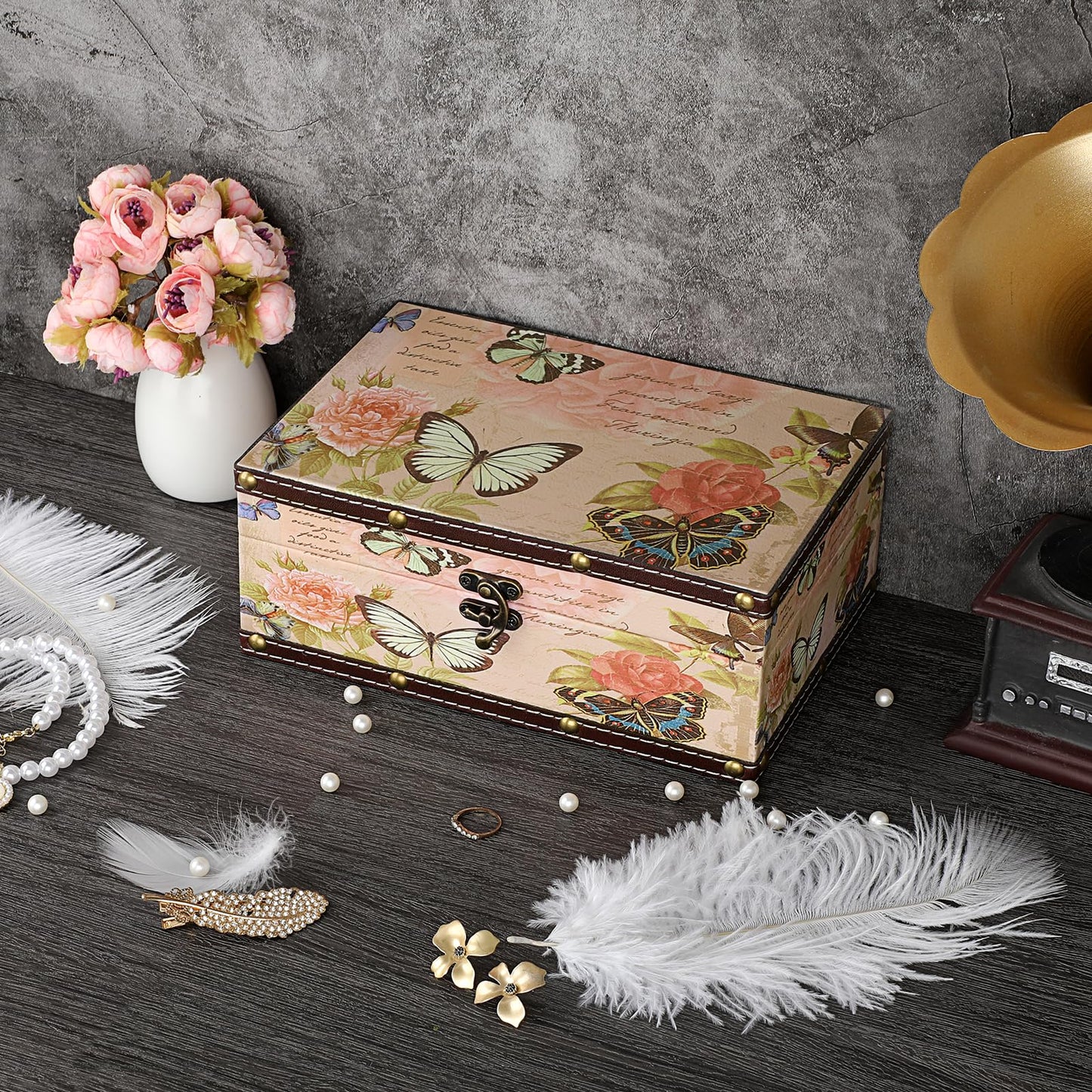 ELLDOO Butterfly Treasure Chest Box, Wooden + PU Leather Storage Decorative Box for Jewelry Trinkets Photos, Rectangular Keepsakes Box for Girls Women Gifts