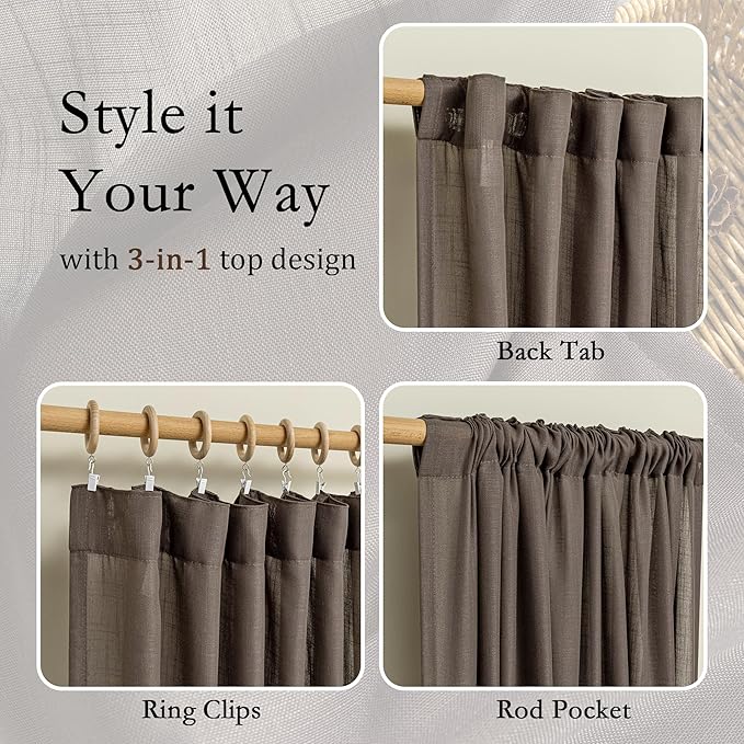 MYSKY HOME Dark Brown Curtains 96 Inches Long for Living Room Sliding Glass Door Semi Sheer Drapes Light Filtering Window Treatments Soft Farmhouse Style Privacy Protect Back Tab, 50" x 96", 2 Panels