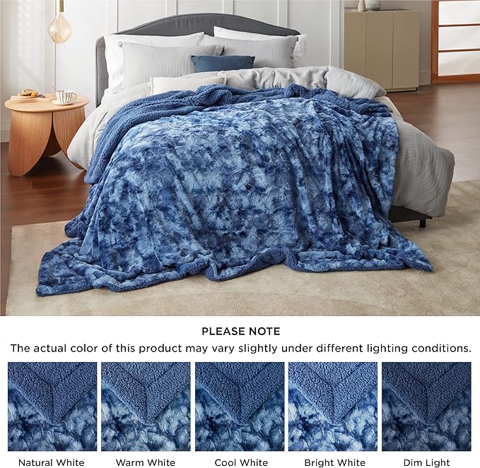 Bedsure Sherpa Blanket Queen Size - Soft, Fuzzy & Fluffy Faux Fur - Warm, Cozy Blanket for Couch, Sofa and Bed, Tie Dye Design, Indigo, 90x90 Inches