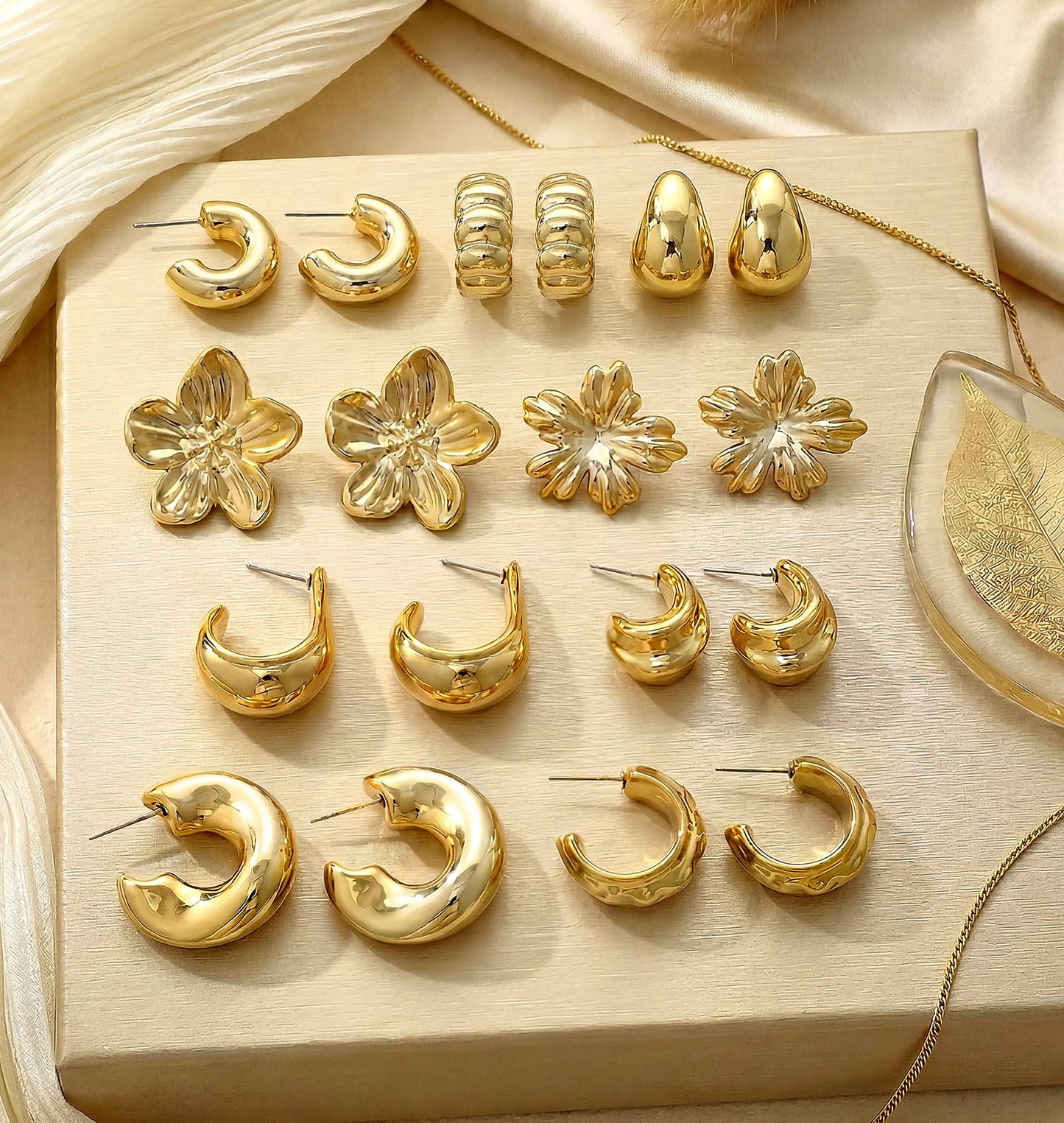 10 Pairs Chunky Gold Earrings for Women, Hypoallergenic Statement Hoops Earring for Multipack, Trendy Gold Chunky Hoop Earrings Jewelry for Gift (E-9 Pairs Gold)