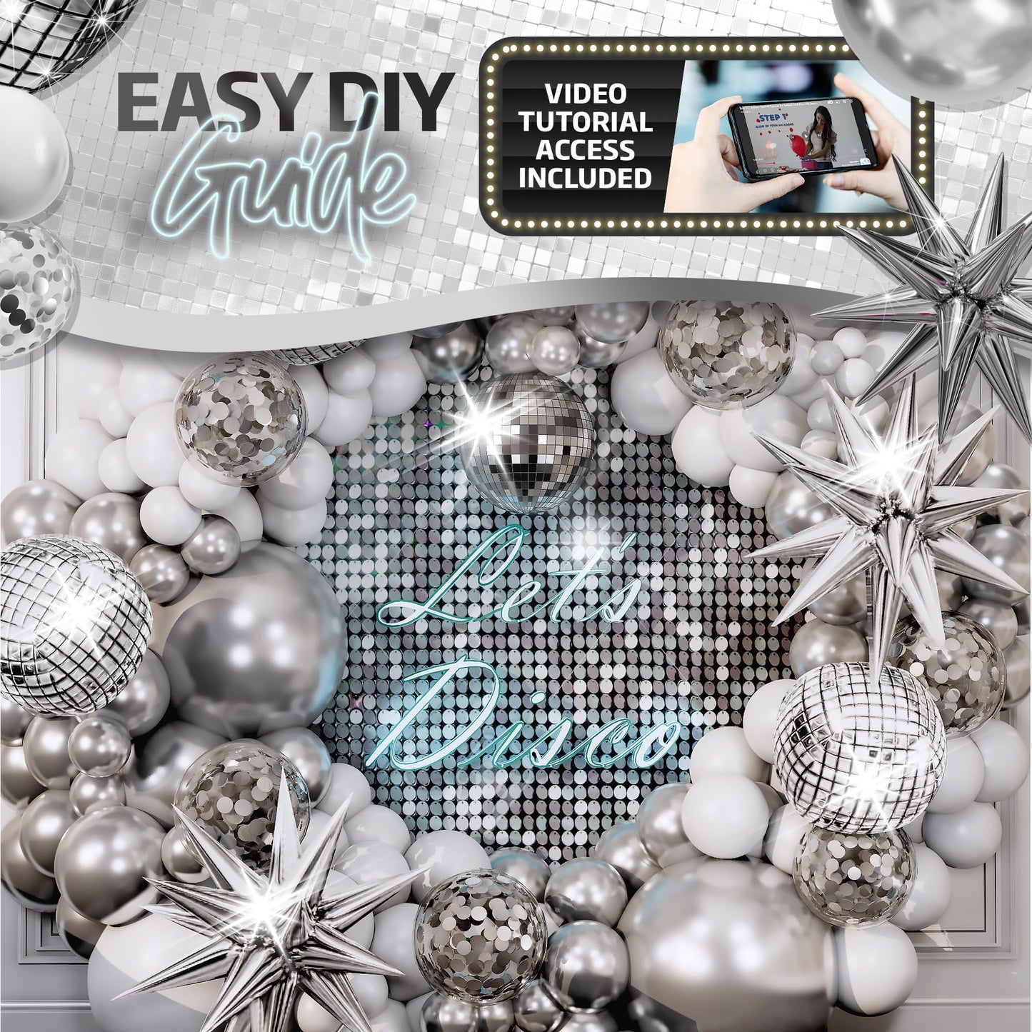 ALL-IN-1 Disco Balloon Arch Kit with BONUS Disco Ball Balloon for Party Decorations - Silver & White Balloons Garland for Disco Ball Party Decoration & Silver Party Decorations -Disco Balloons