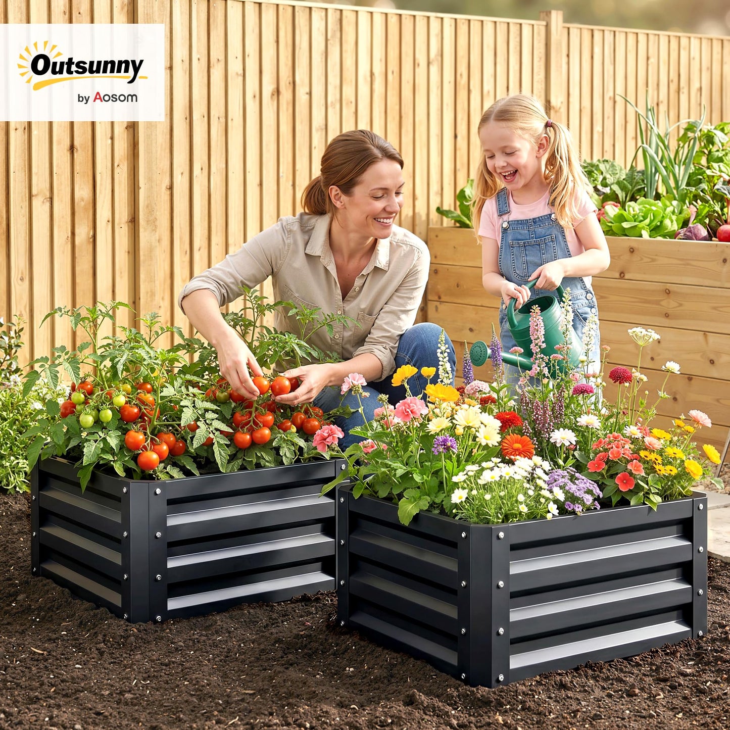 Outsunny 2 Piece Galvanized Raised Garden Bed, 2' x 2' x 1' Metal Planter Box for Growing Vegetables, Flowers, Herbs, Succulents, Dark Gray