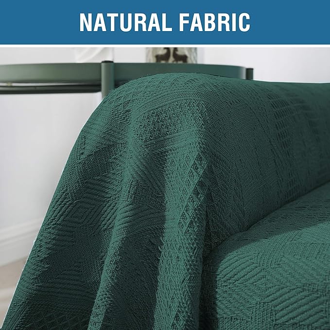 H.VERSAILTEX Cotton Sofa Covers Couch Cover Sofa Slipcover for Most Shape Sofas, Feature Thick Woven Jacquard Seamless with Tassels, Multi-Use Decorative for Couch (Large: 71" x 102", Green)
