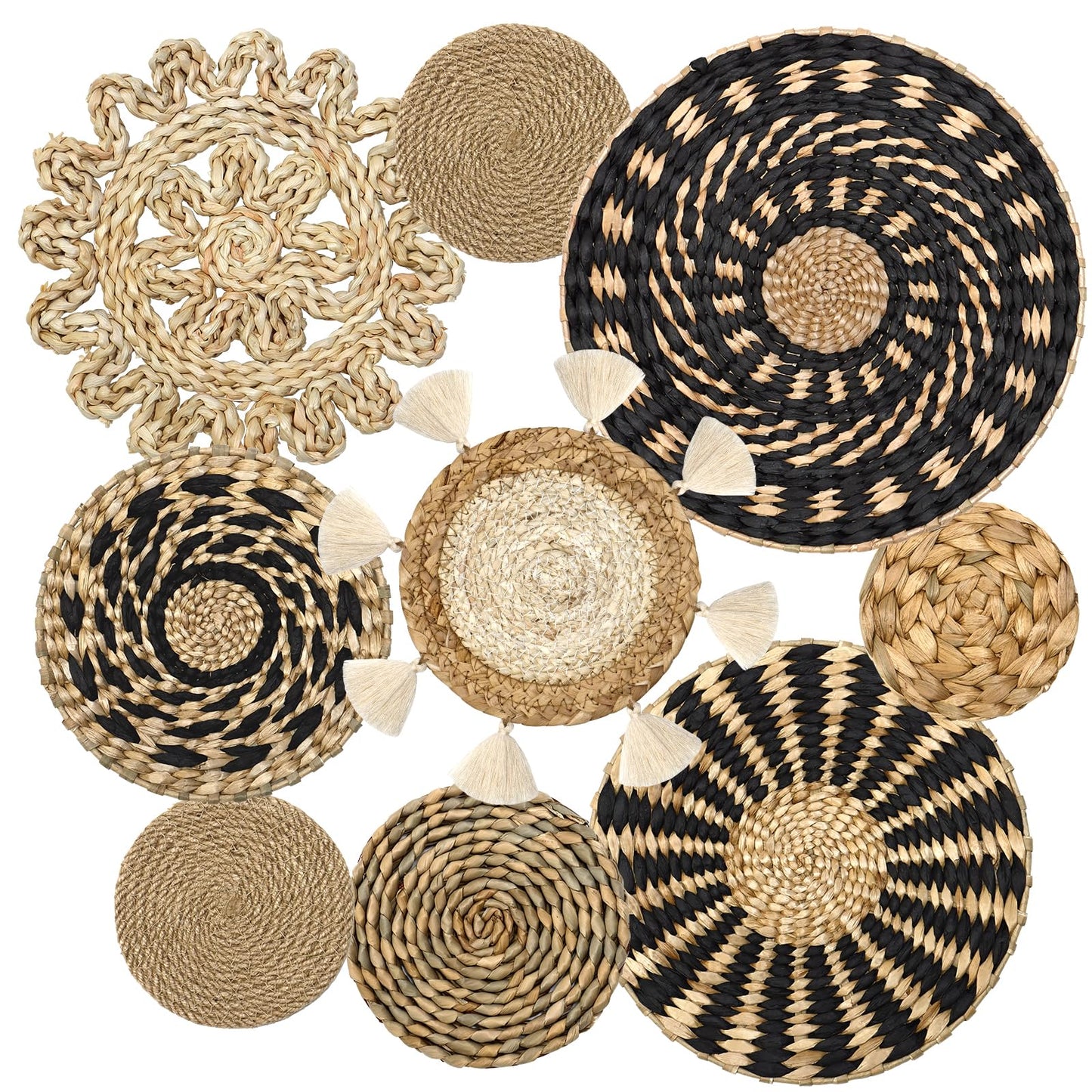 LOMOHOO Set of 9 Boho Wall Basket Decor Wicker Woven Wall Basket Decorations Bohemian Handcrafted Round Basket Hanging decor Bulrush Wall Art Decors for Living Room Rustic Home