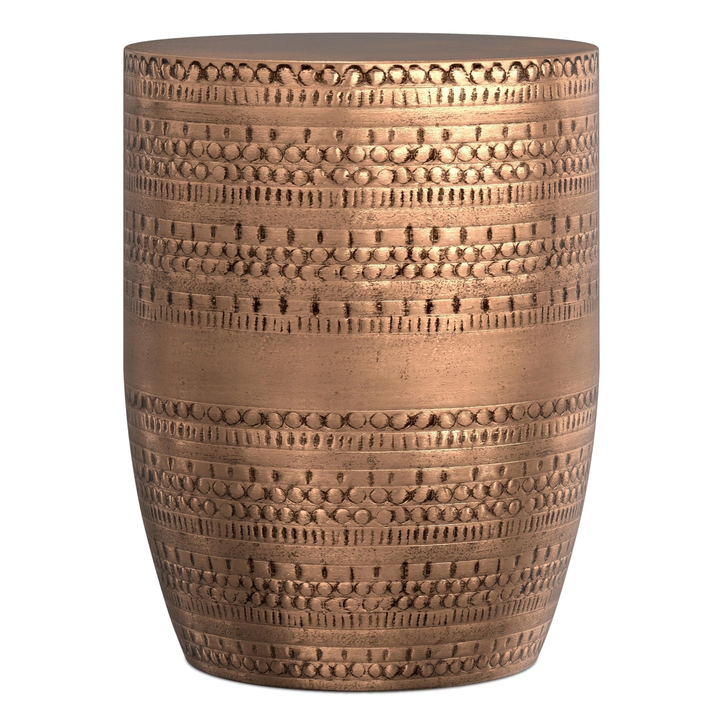 SIMPLIHOME Johnsen Metal Table - 15" Wide x 20" High Solid Iron Drum Accent Table in Antique Copper with Tribal Pattern, Round Boho End Table for Living Room, Bedroom, or Home Office, Fully Assembled