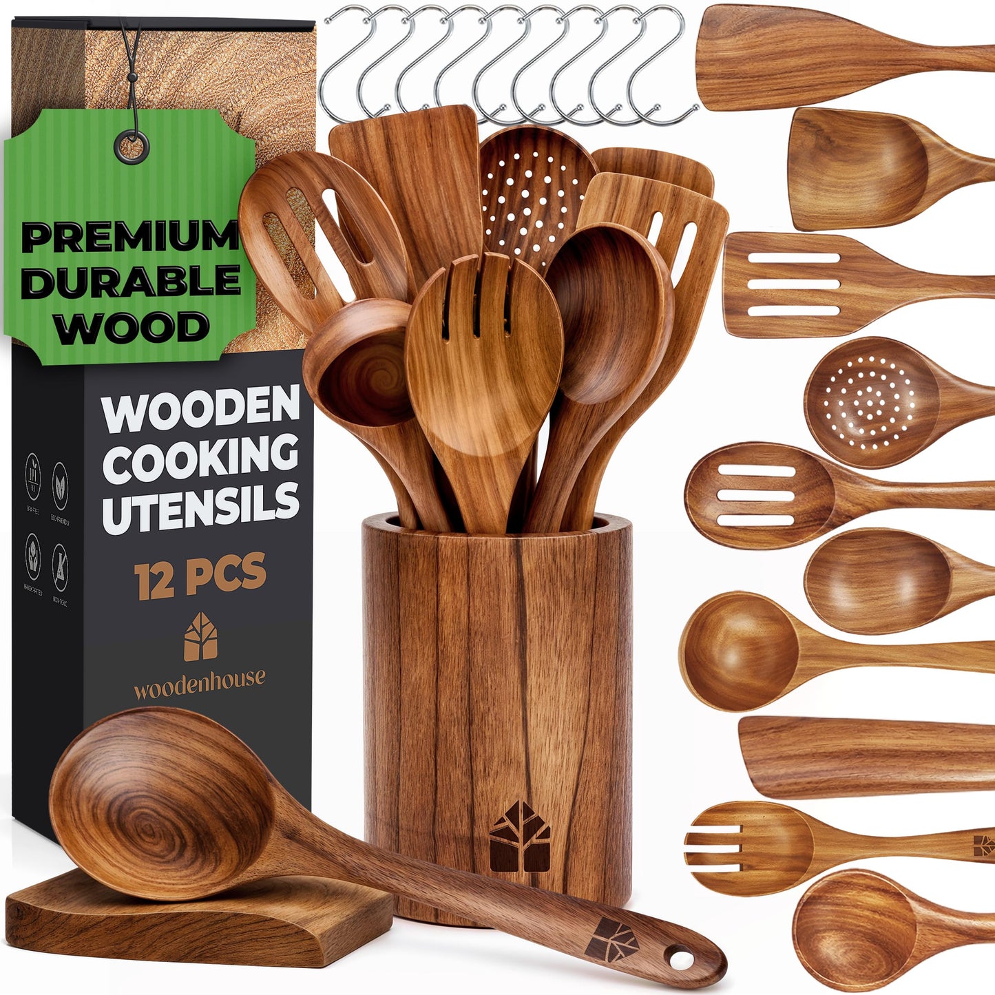Wooden Spoons for Cooking – 12 Pcs Teak Wooden Utensil Set, Cooking Utensils Set with Holder, Hooks & Spoon Rest - Heat Resistant, Durable, Nonstick Safe Kitchen Cookware