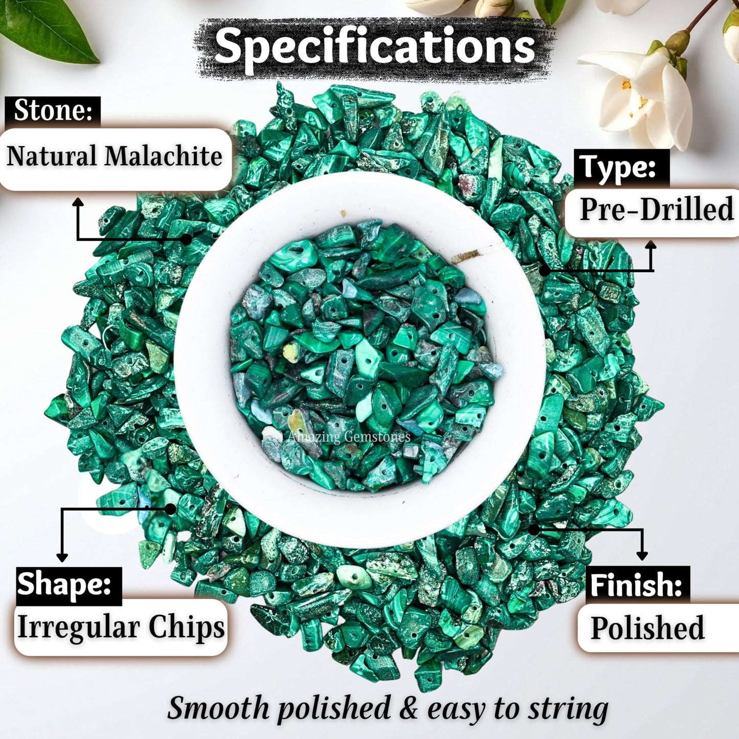 Malachite Pre Drilled Crystal Crushed Chips Beads for Bracelets Making, DIY Handmade Natural Healing Crystals (25 Inch Strand)