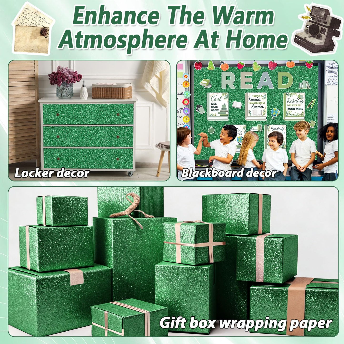 Glitter Green Paper Roll for Bulletin Board DIY Crafts Paper Glitter Wallpaper Dark Green Wrapping Papers 17x240 Inch Sparkle Poster Board Background Wallpaper for Home Office Classroom Decor
