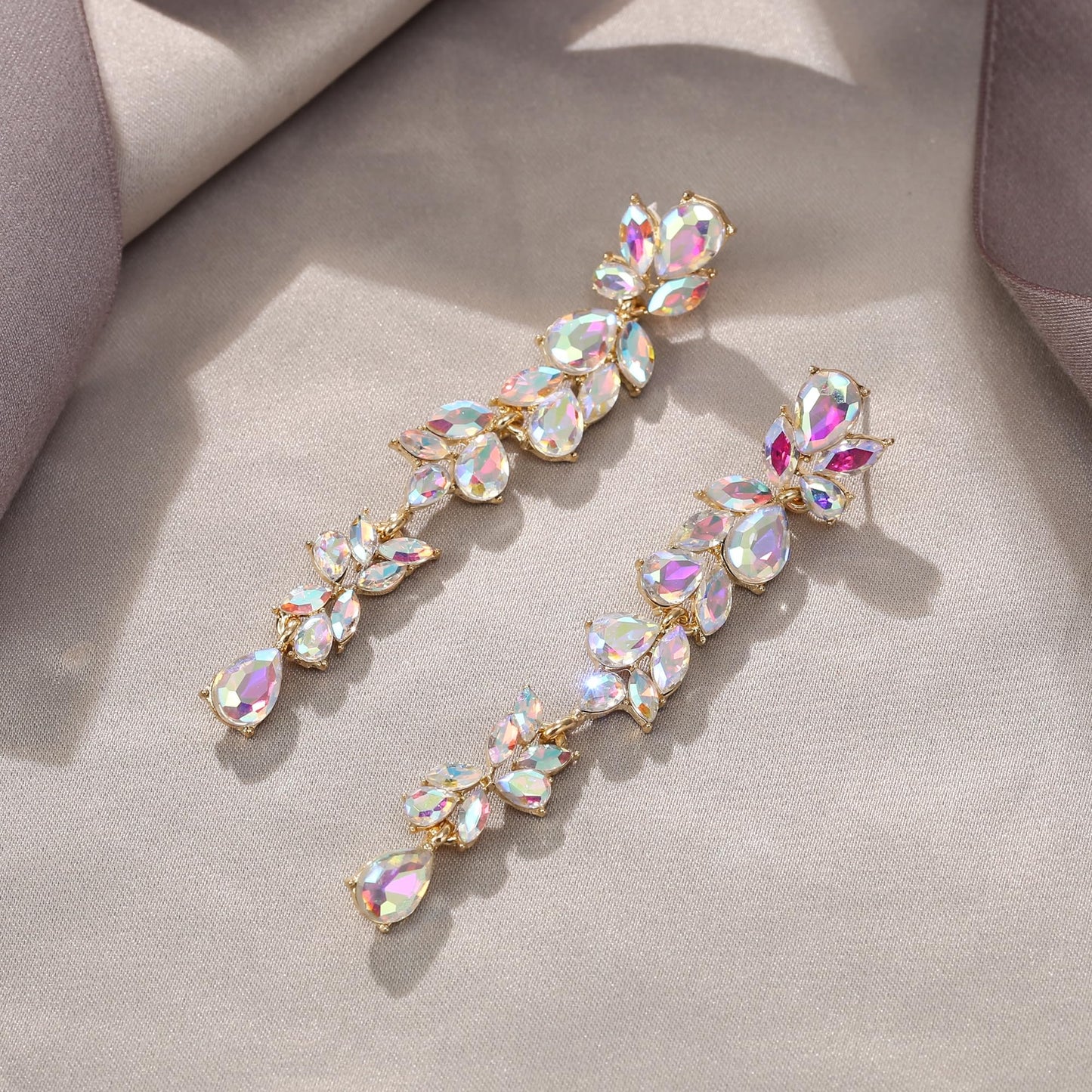 EVER FAITH Wedding Rhinestone Crystal Chandelier Earring for Women Brides, Art Deco Marquise Teardrop Bridal Long Dangle Drop Earrings for Prom Iridescent AB Gold-Plated-Base