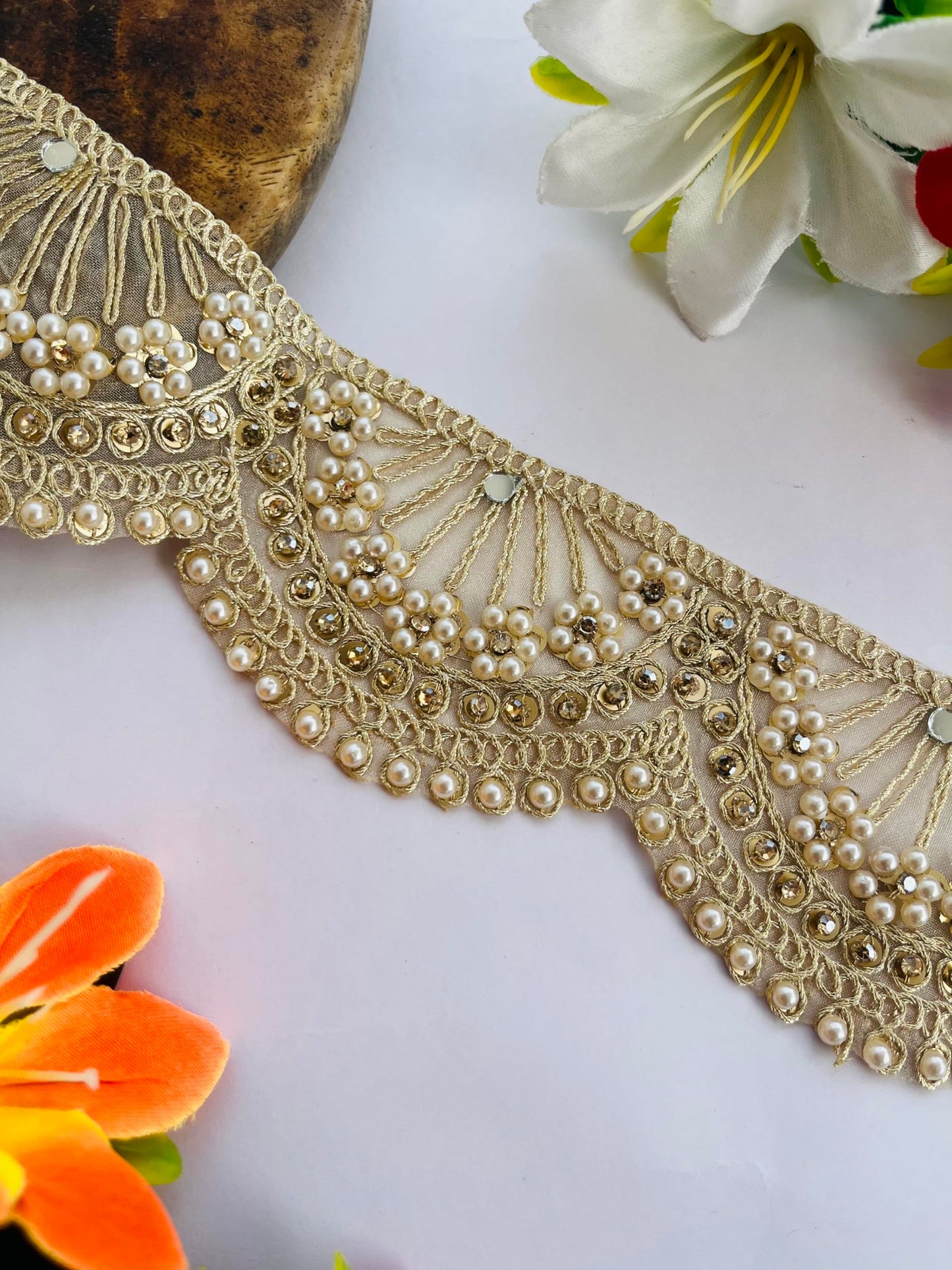Soft Gold Scallop Lace Trim with Pearl and Rhinestone Embellishment, 2.25 Inch Wide, Available in 1, 3 and 6 Yard (1)