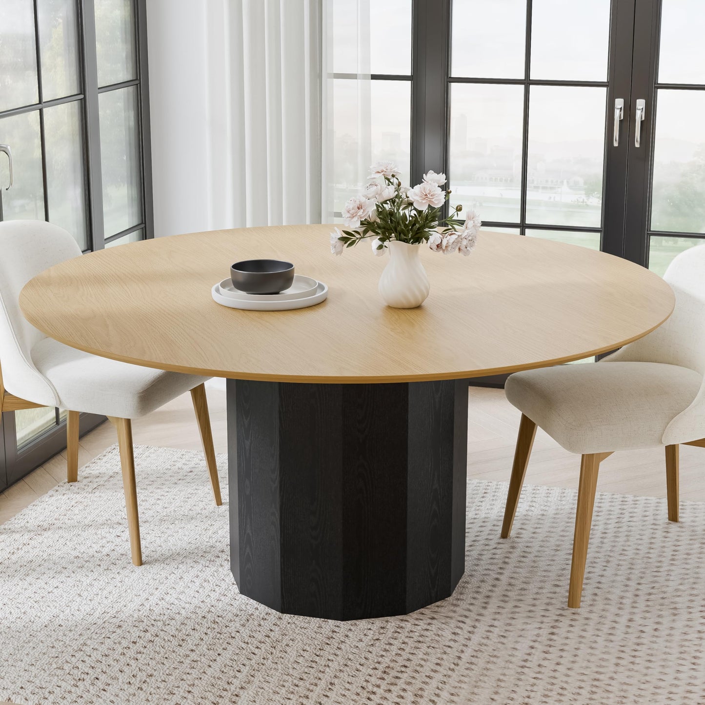Casaphoria 60 inch Round Dining Table for 8 - Natural Top & Black Pedestal Base - Two-Tone Modern Kitchen Table - Large Circular Dining Room Table