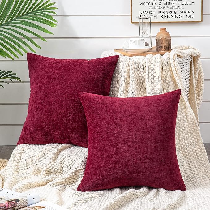 GAWAMAY Decorative Throw Pillow Covers 16x16 Inch Set of 2, Super Soft Chenille Square Pillows Farmhouse Fall Pillowcase for Living Room Bedroom Sofa Couch Cushion Cover Burgundy Red 40x40cm