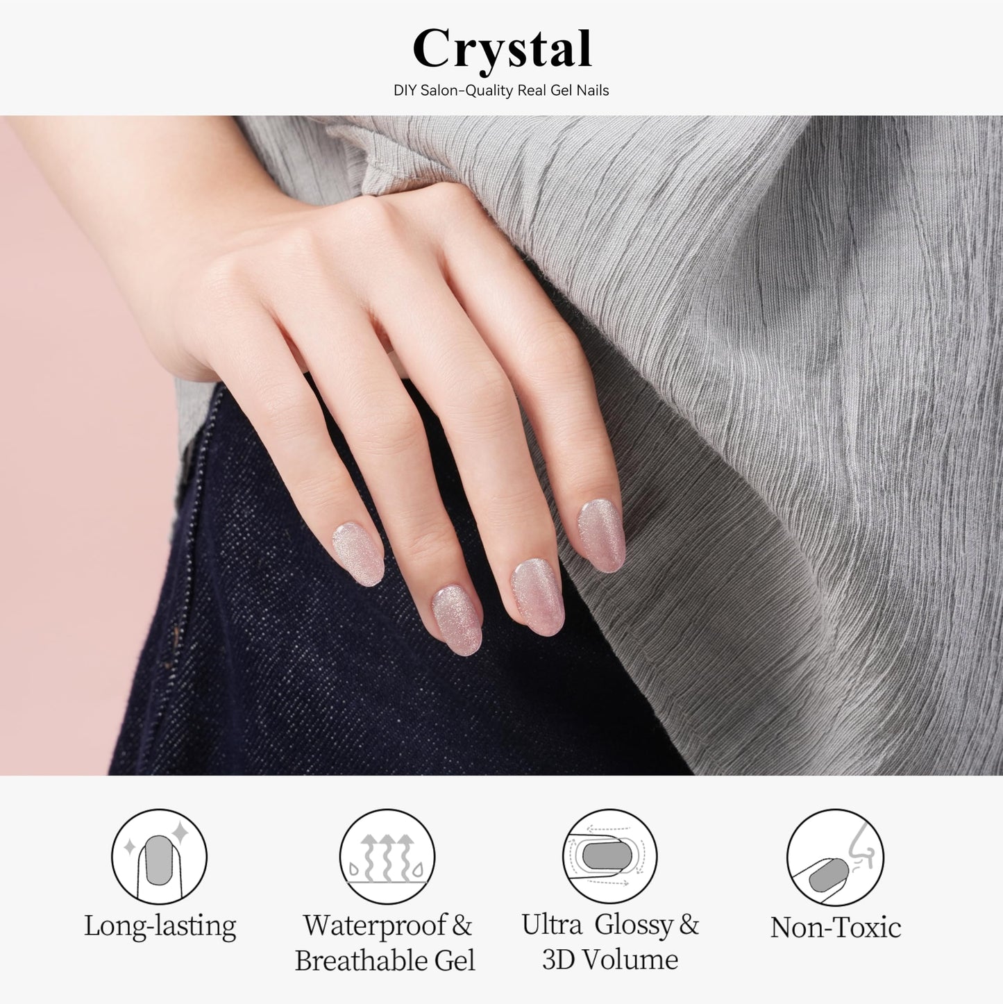 Drizzle Semi Cured Gel Nail Strips, Real Nail Polish Art Stickers (UV/LED Light Required), Glossy, Glitter, Solid Color, Full Nail Wraps Long Lasting, Nail Strips Decal for Women (Crystal)