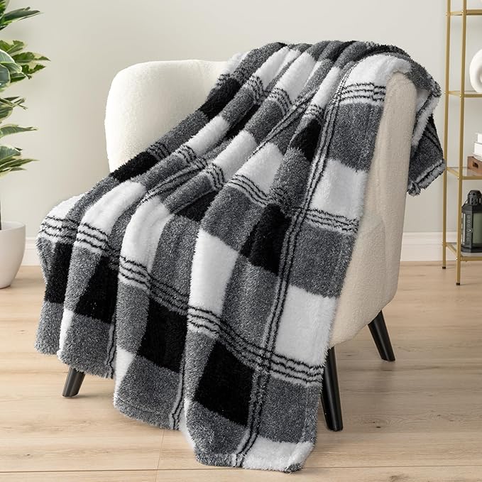PAVILIA Sherpa Throw Blanket for Couch Sofa, White Black Fluffy Warm Plush Blanket for Twin Bed, Cozy Super Soft Lightweight Throw, Fuzzy Decorative Blanket, All Season Home, 60x80
