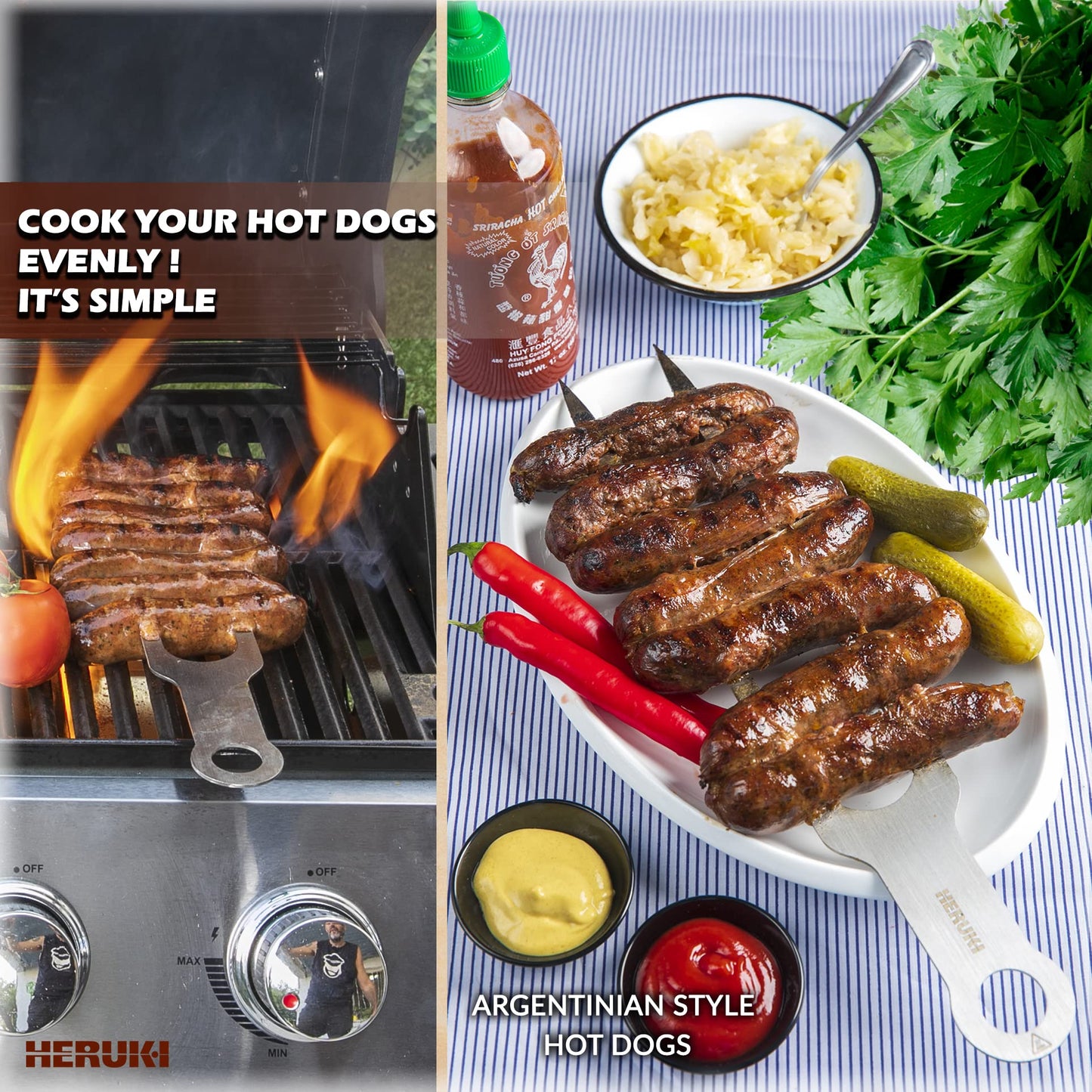 HERUKI Double Skewers Plus 2 Heat-Resistant Cast-Iron Handle Sleeves and 2 Potholders Bundle Premium Grill Kitchen Accessories for Kabob, Shawarma, Meat Fish Chicken BBQ Gift Set