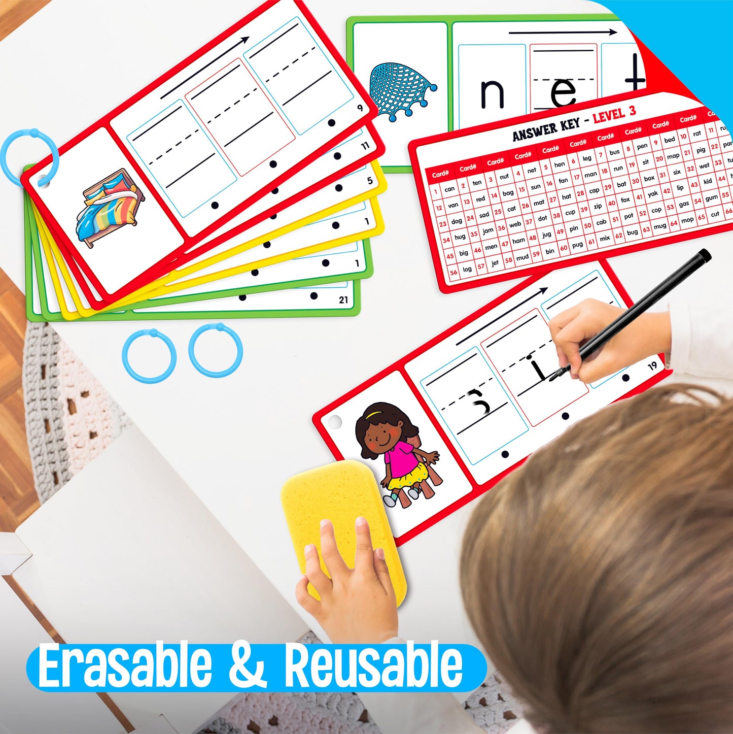 CVC Word Writing Cards, 100 Double-Sided Handwriting Cards 3-Level Short Vowel Spelling Flashcards CVC Sight Words Early Educational Tool for Kids 3 4 5 Years Old (3 Plastic Rings Included)