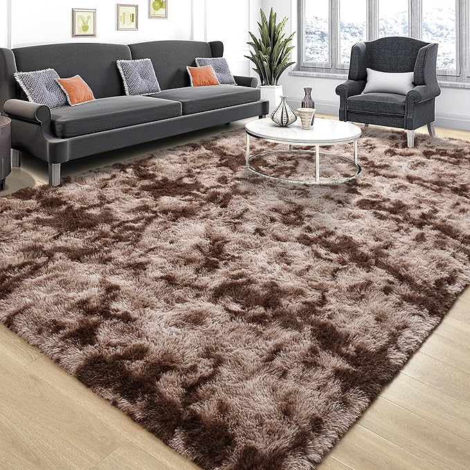 Tepook Area Rugs 9x12 for Living Room, Super Soft Fluffy Rugs for Bedroom, Modern Shaggy Rug Fuzzy Carpets for Kids, Plush Indoor Nursery Home Decor Rug with Non-Slip Bottom, Tie-Dyed Coffee