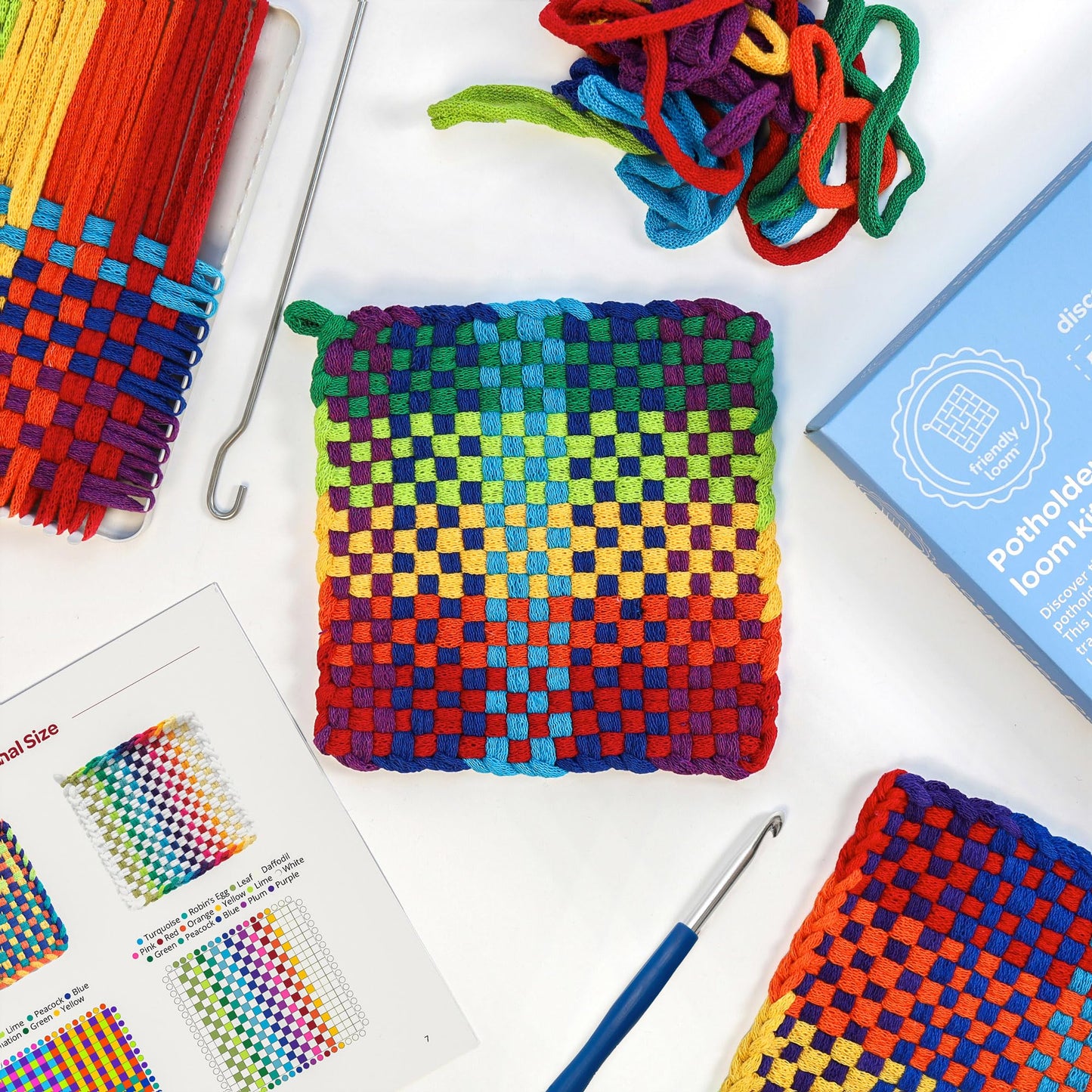 Friendly Loom 7” Traditional Potholder Loom Plus Weaving Kit | Sturdy Metal Loom and Quality Cotton Weaving Loops in Rainbow Colors | Complete Kit to Weave 6 Functional Potholders | Made in the USA