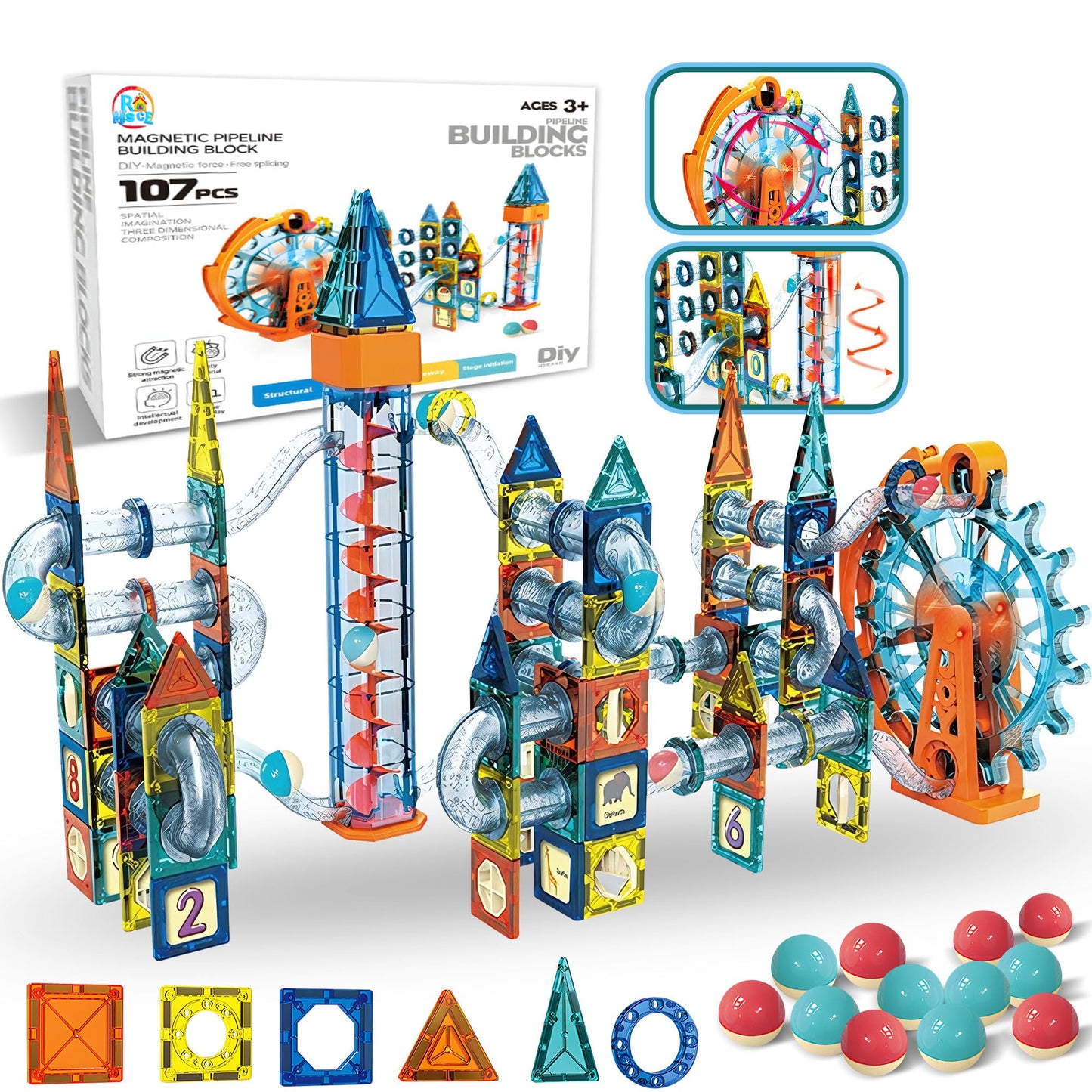 Motorized Marble Run Set, 107 Piece Magnetic Tile Building Toy with Ferris Wheel and Elevator, Music and Lights Marble Maze STEM Game for Kids Ages 4 to 12, Educational Gift