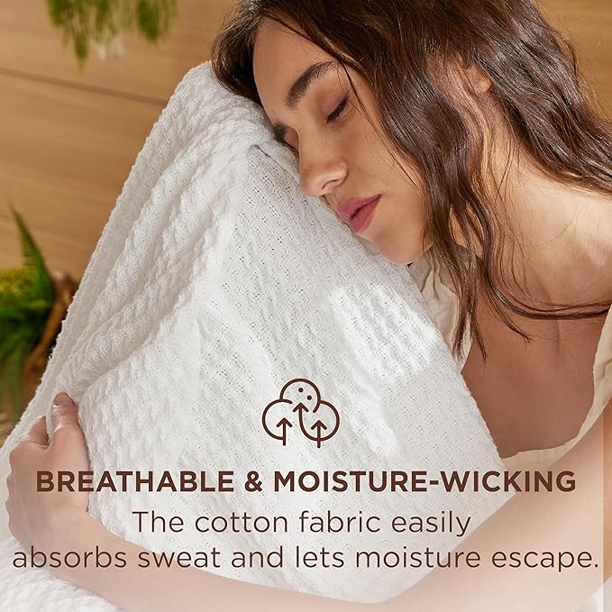 Bedsure 100% Cotton Blanket Twin XL Size for Bed - Breathable and Soft, Waffle Weave Blanket for Summer Spring, White, 66x90 inches