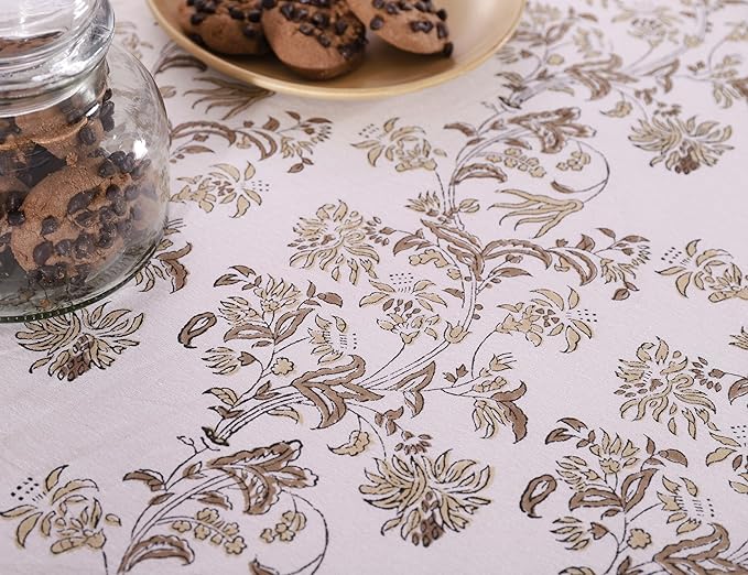 Labhanshi Indian Handblock Print Pre-Washed Cotton Floral Table Cloth|Reusable Rectangle 72x108 Inch 8-Seater Dining Tablecloth|Spring Easter Festive Decorative Table Cover|Beige Brown