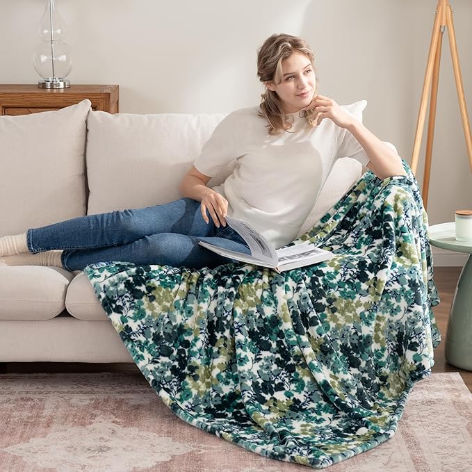 Berkshire Blanket-Classic Heavyweight Soft Printed VelvetLoft® Plush Throw Blanket, Cozy and Fuzzy, Floral Green, 50in x 70in