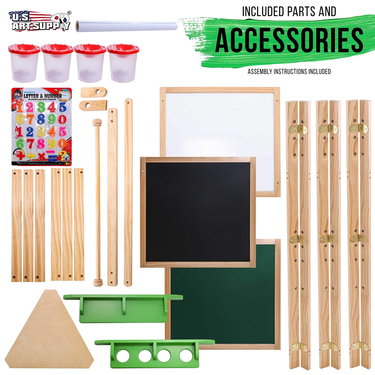 U.S. Art Supply Three Sided Art Station, Wooden Activity Easel with Paper Roll & Shelf - Easel for Drawing, Magnetic Whiteboard, Chalkboard Artist Station & Plastic Paint Cups