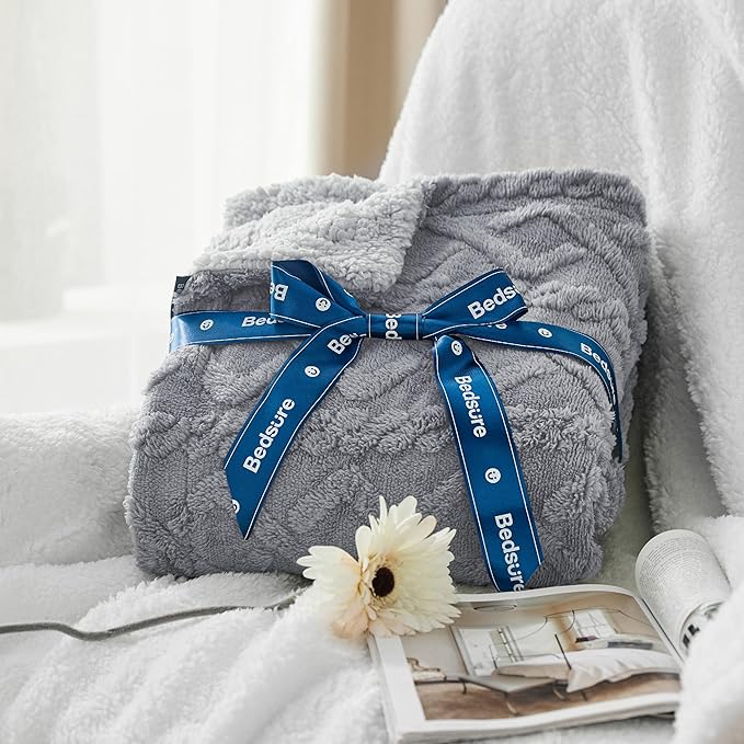 Bedsure Sherpa Fleece Blanket Twin Size for Bed - GentleSoft Fluffy & Cozy Cable Jacquard Tufted for Women Gift, Thick and Warm Blankets for Winter, Grey, 60x80 Inches