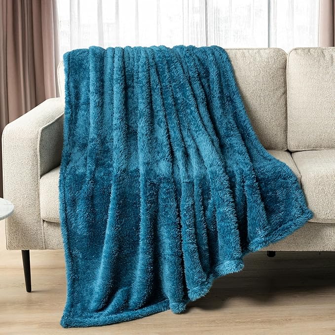 PAVILIA Sherpa Throw Blanket for Couch Sofa, Turquoise Teal Blue Fluffy Warm Plush Blanket for Bed, Cozy Super Soft Lightweight Throw, Fuzzy Decorative Blanket, All Season Home, 50x60