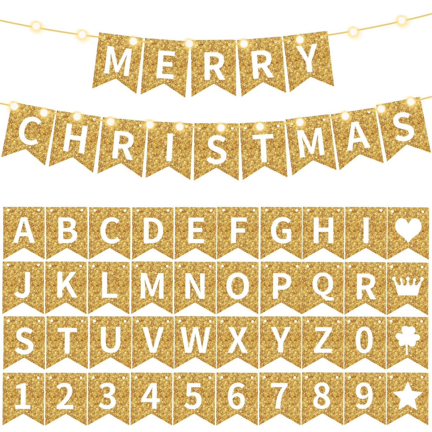 TaoBary 135 Pcs DIY Banner Custom Letters Kit Make Your Own Banner for Birthday Graduation Party Decor Include 107 Letters and Numbers, 16 Symbols, 2 String Lights, 5 Needles, 5 Rope (Gold)